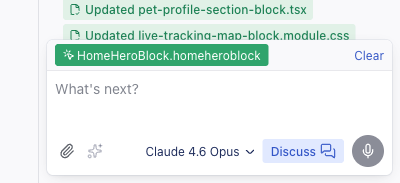 The prompt box with Discuss mode enabled, showing the element attachment chip, model selector, and Discuss button