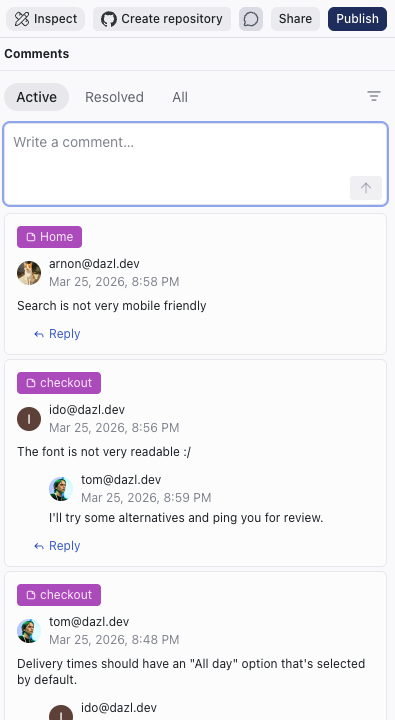 The Comments panel showing threaded comments from multiple collaborators, with page labels and reply chains