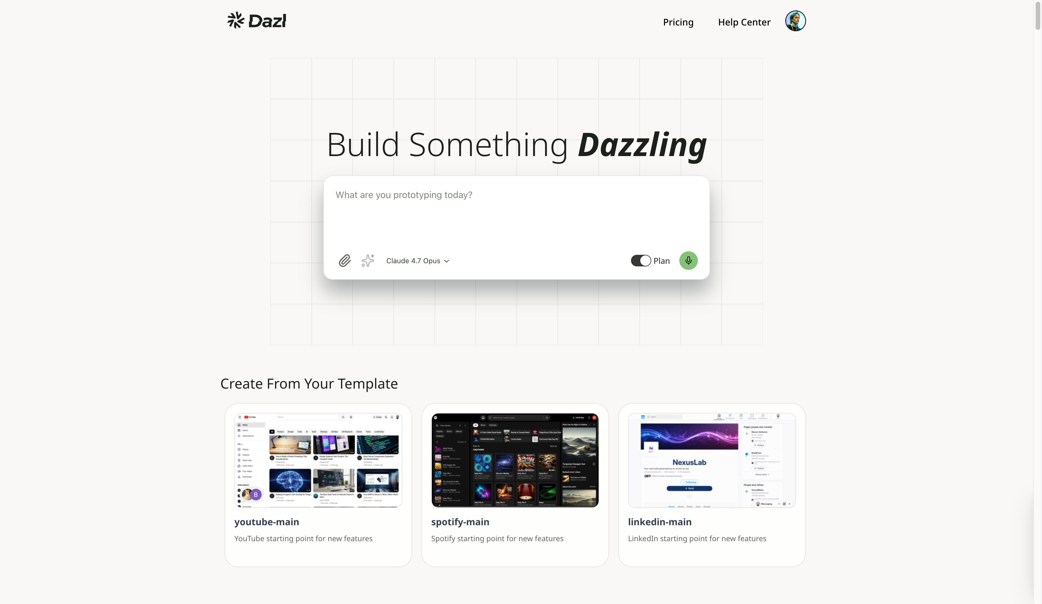 The Dazl Dashboard showing the prompt box, templates, and My Projects grid