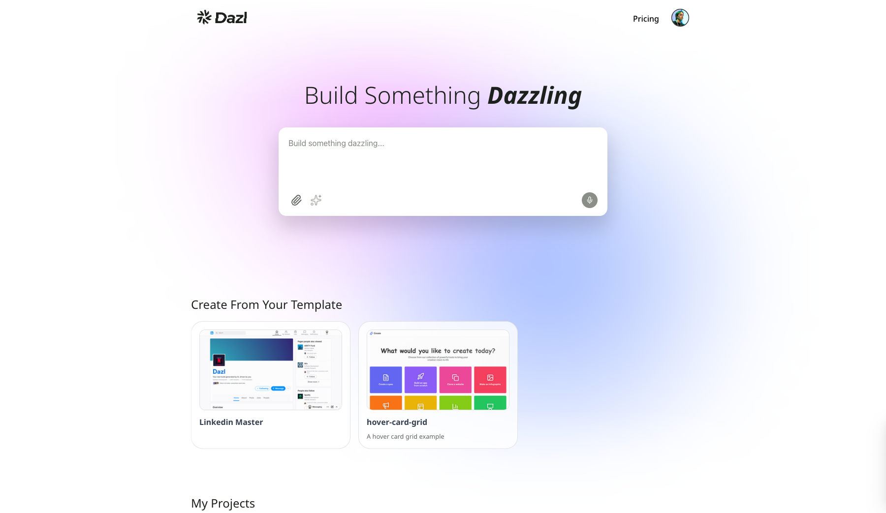 The Dashboard showing the Create From Your Template section with saved templates