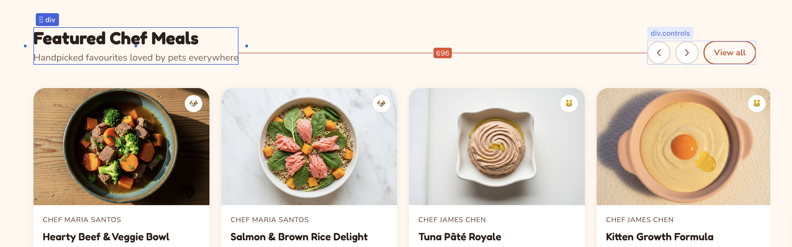The distance measurement overlay showing pixel distances between a selected element and a hovered element