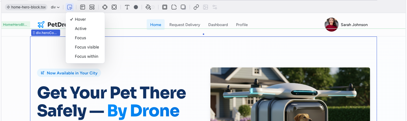 The Editing Toolbar showing the Element states control with Hover selected