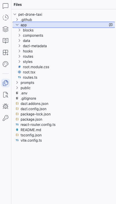 The Files panel showing the directory tree with folders and file type icons