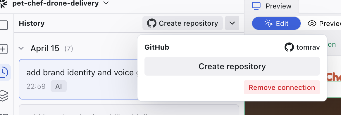 The History panel header showing the Create repository button and its chevron menu with Create repository and Remove connection options