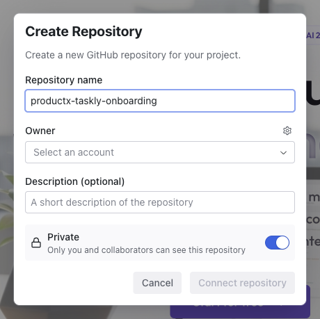 The Create Repository dialog showing fields for repository name, owner, description, and a private toggle