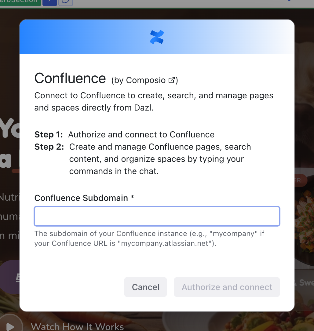 The Confluence connection modal showing authorization steps and the Confluence Subdomain field