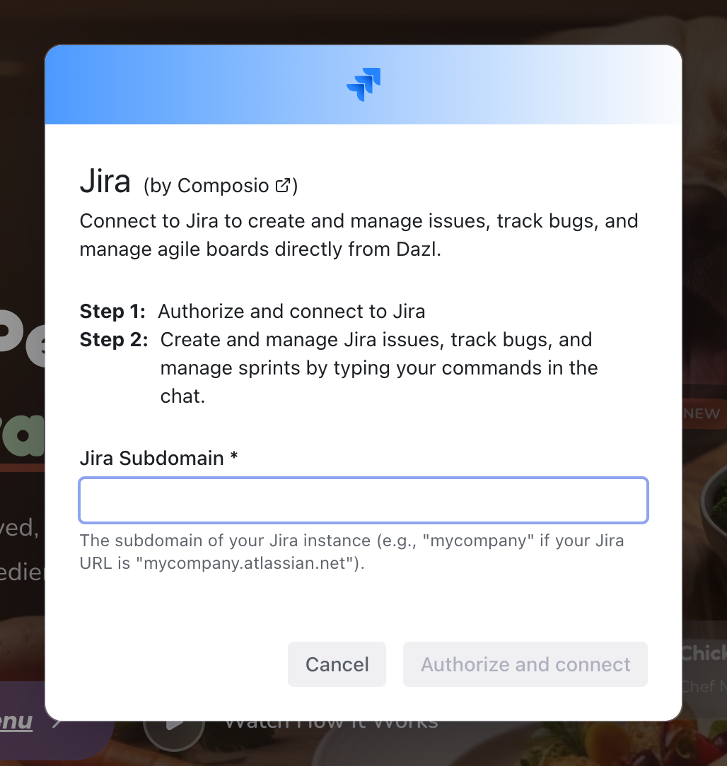 The Jira connection modal showing authorization steps and the Jira Subdomain field