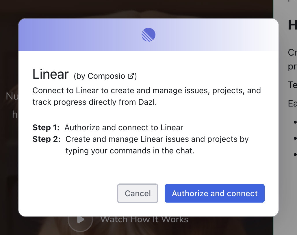 The Linear connection modal showing authorization steps