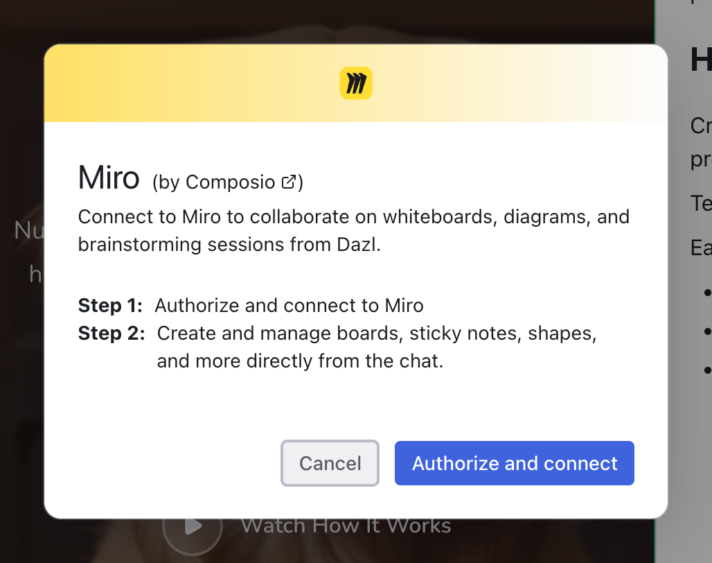 The Miro connection modal showing authorization steps