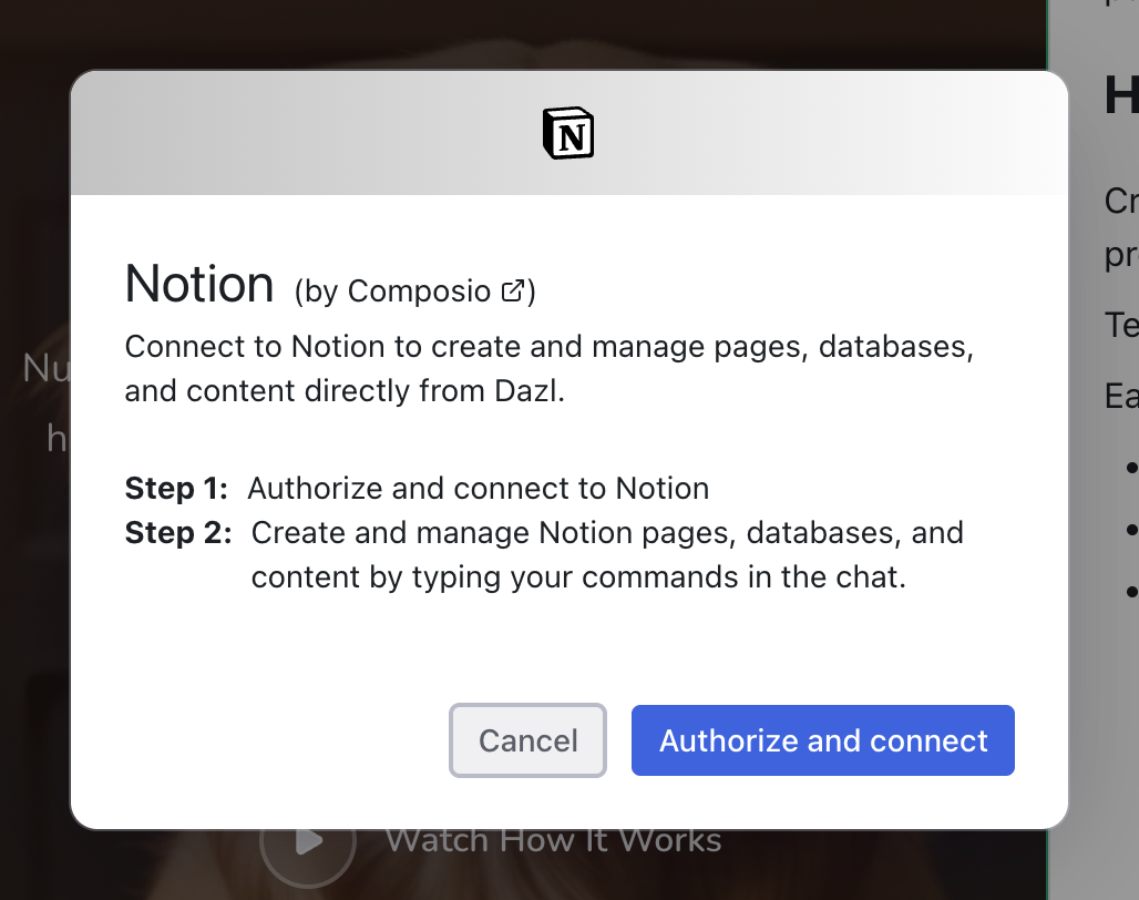 The Notion connection modal showing authorization steps