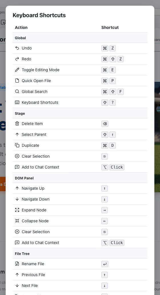 The Keyboard Shortcuts dialog showing shortcut tables for Global, Stage, DOM Panel, and File Tree sections