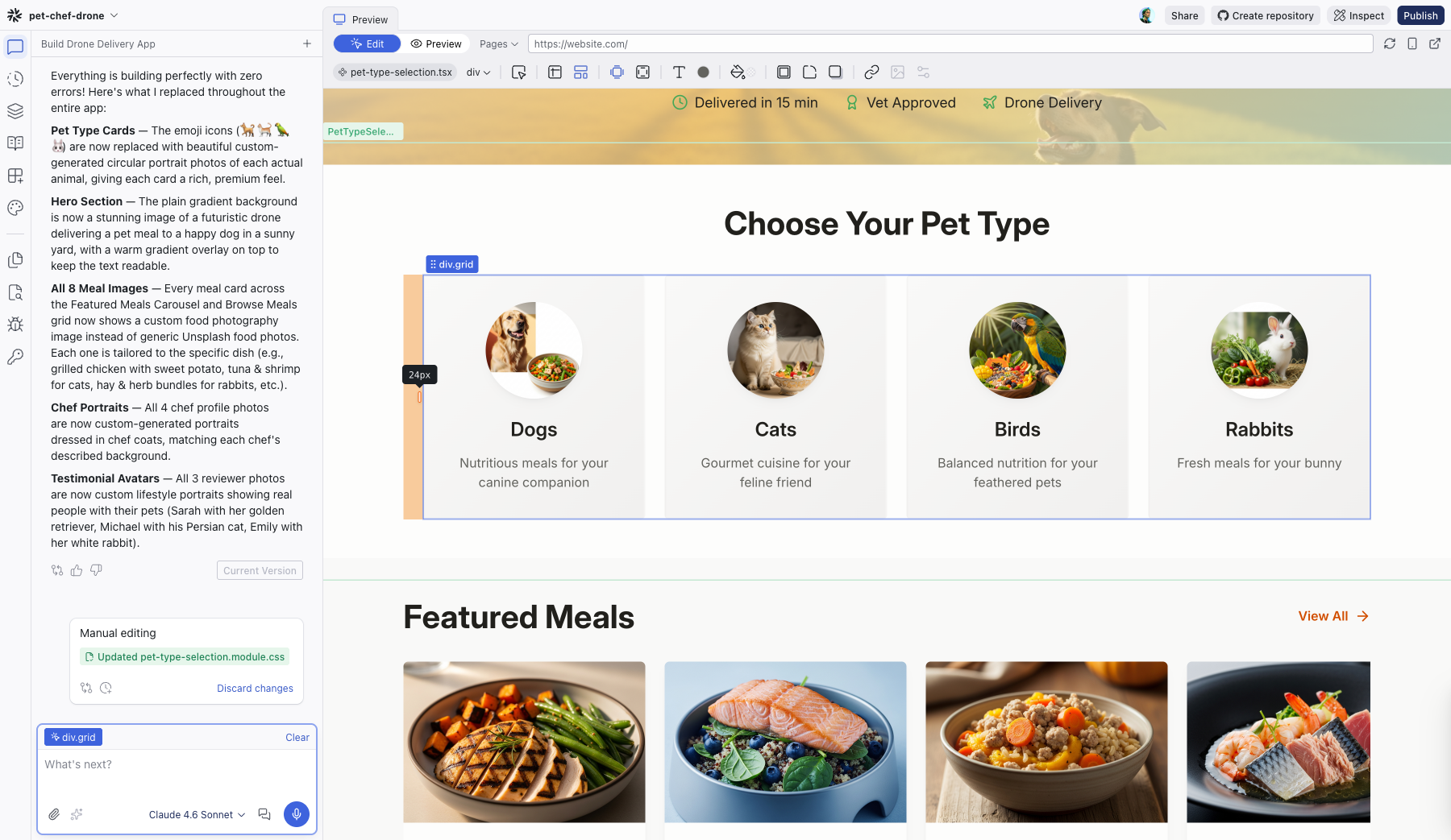 A selected element showing an orange margin handle on the left edge with a 24px tooltip