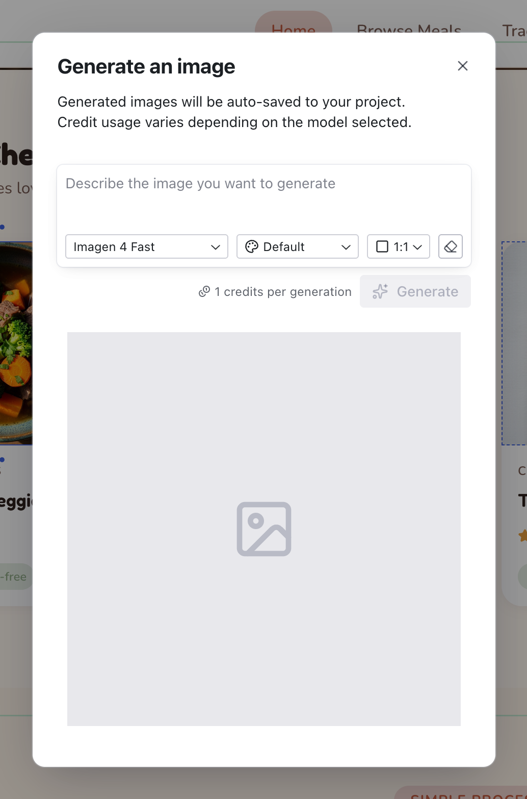 The Generate an image modal with a prompt field, model selector, style, aspect ratio, and remove background options, plus a preview area