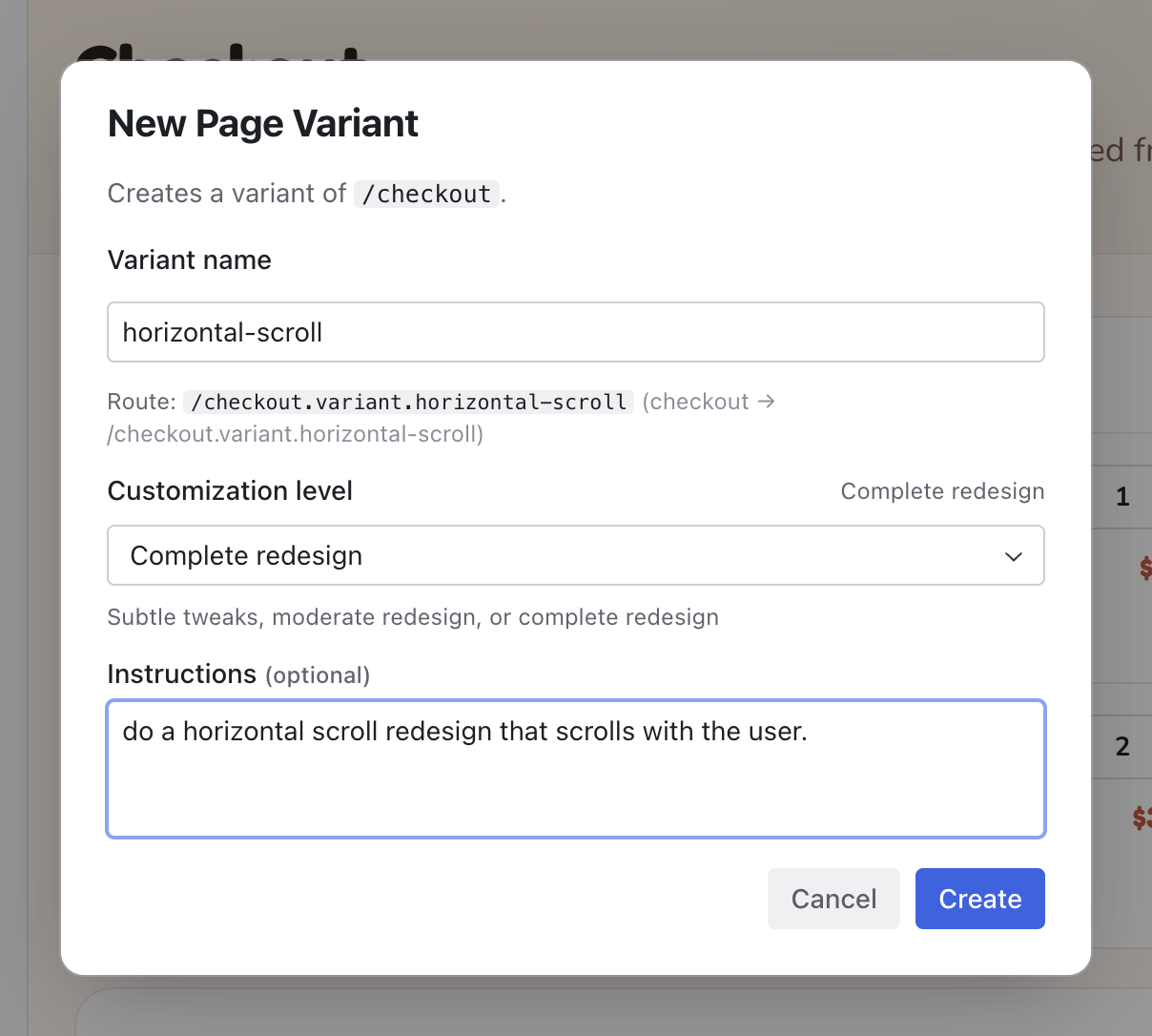 The New Page Variant dialog with fields for variant name, customization level, and optional instructions