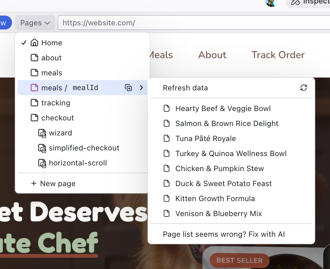The Pages dropdown showing the project's routes — including a dynamic route expanded into a submenu of resolved values, page variants nested under their parent route, and the New page action at the bottom
