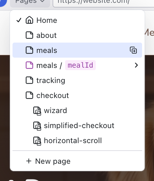 The Pages dropdown with the Create variant icon visible on the hovered meals row, and the New page action at the bottom