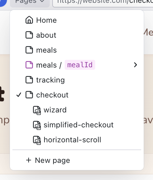 The Pages dropdown showing checkout with three variants — wizard, simplified-checkout, and horizontal-scroll — nested beneath it