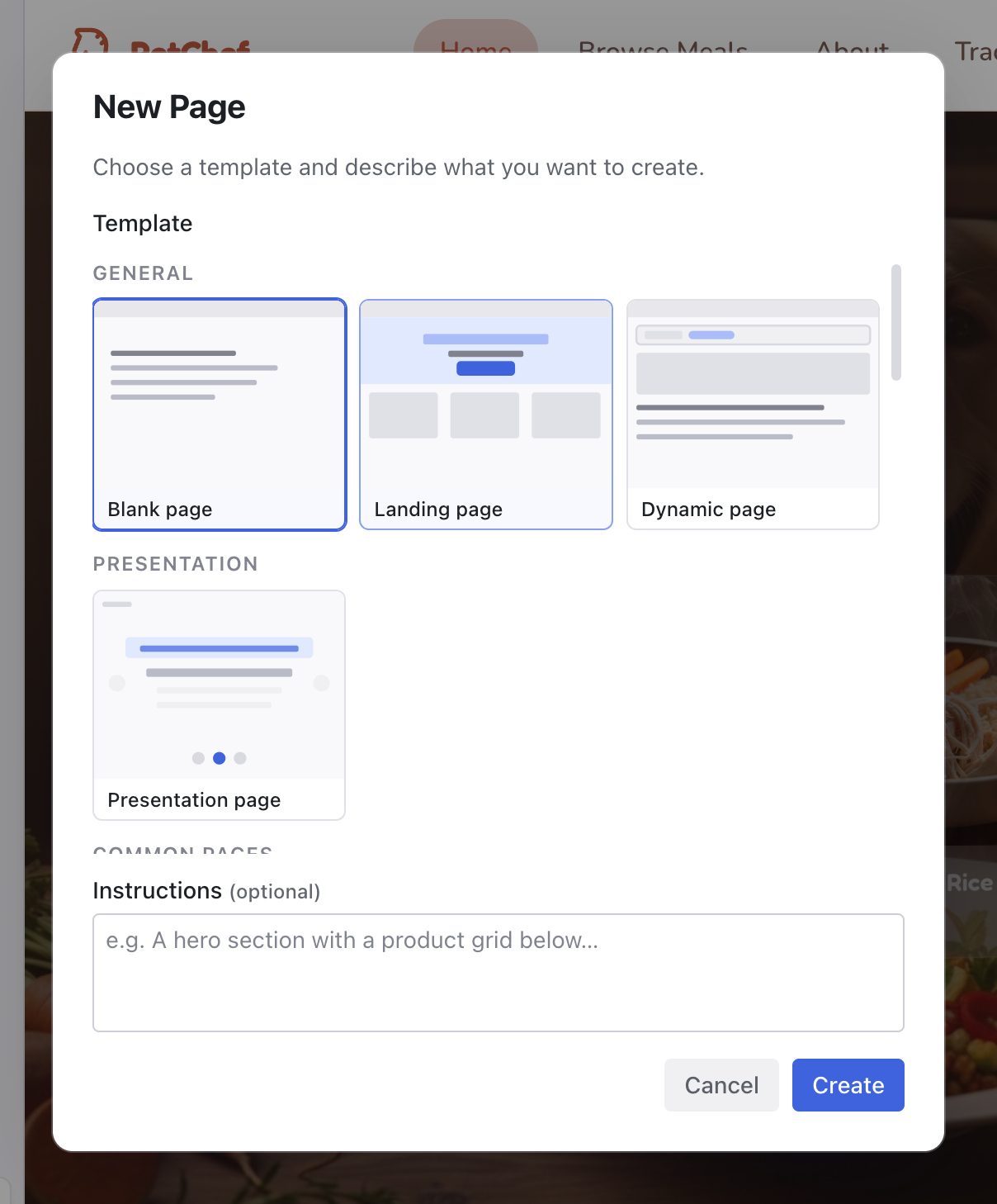 The New Page dialog with a template picker showing categories like General, Presentation, and Common pages, and an optional instructions field