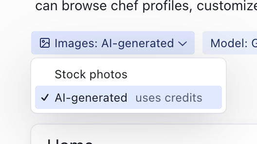 The Plan view showing the Images dropdown with Stock photos and AI-generated options, and the Model picker