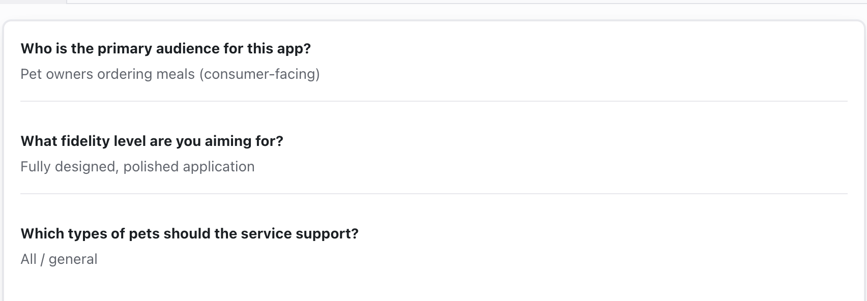 The Plan tab listing the answered interview questions with the selected response under each