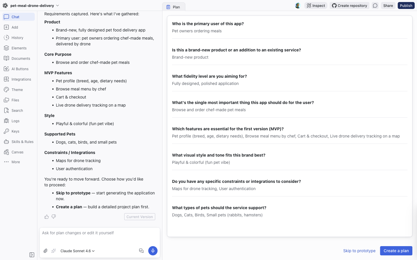 The full editor after the interview concludes: a requirements summary with the Create a plan and Skip to prototype options in the Chat panel, and every question and answer listed in the Plan tab
