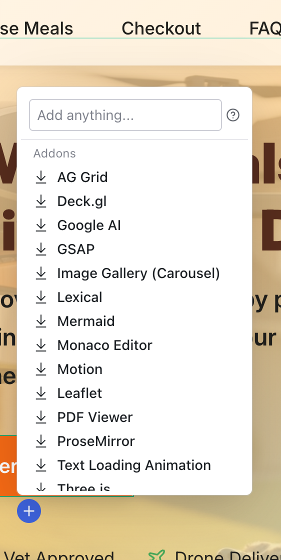 The quick insert element picker showing the Addons section with available add-ons