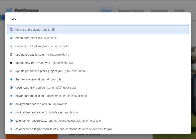 The Quick Open dialog showing filtered results for "hero", with matching files listed by name and folder path