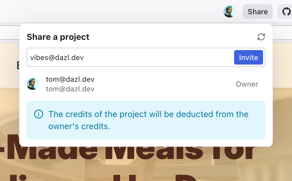 The Share a project dialog showing the email invite field, member list, and credits notice
