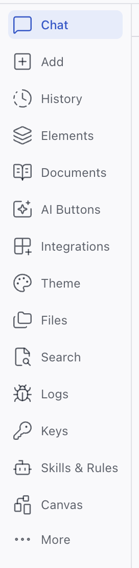 The left sidebar expanded to show each tab's title next to its icon, from Chat down to Canvas