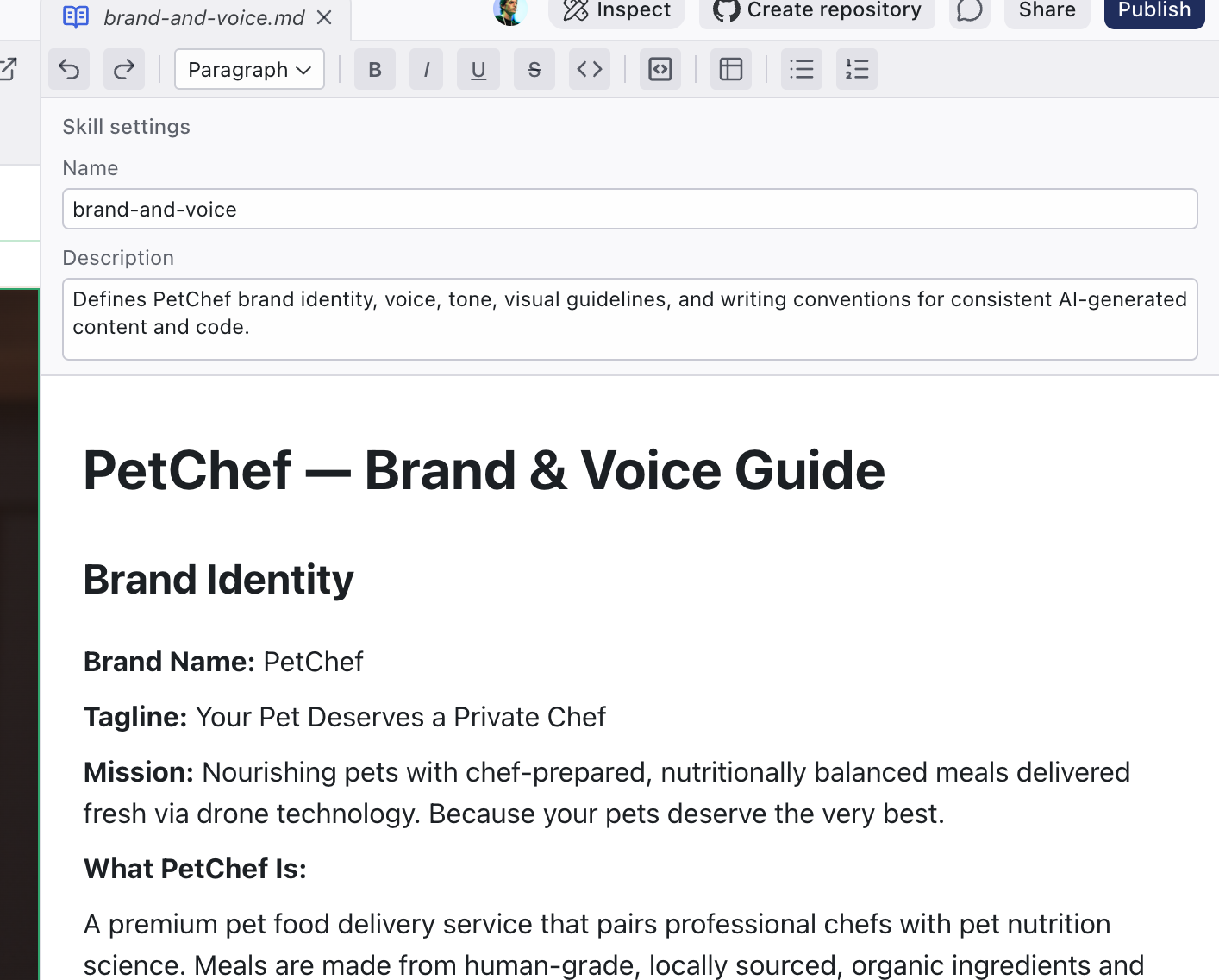 The skill editor showing the Name and Description fields above the WYSIWYG content area