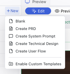 The spec creation menu showing built-in templates and custom template option