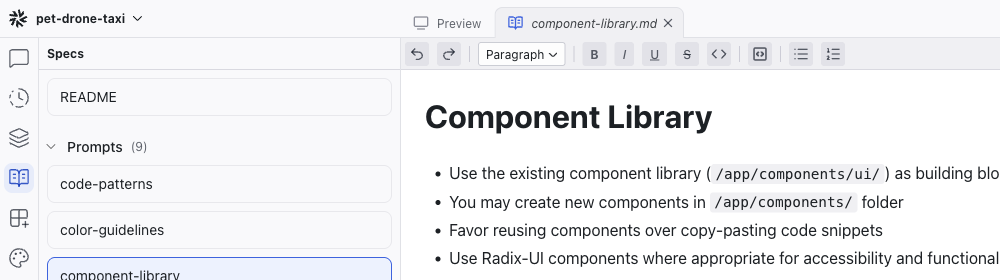 A spec file open in the WYSIWYG editor with the formatting toolbar visible