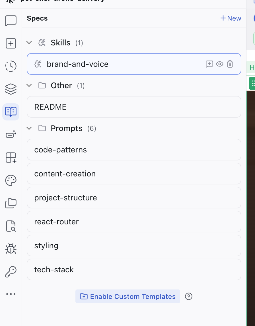 The Specs panel showing the Skills section with a brand-and-voice skill, plus the Other and Prompts sections below