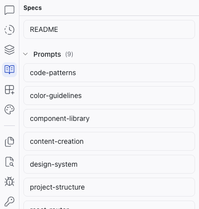 The Specs panel showing the file listing with README and Prompts folder
