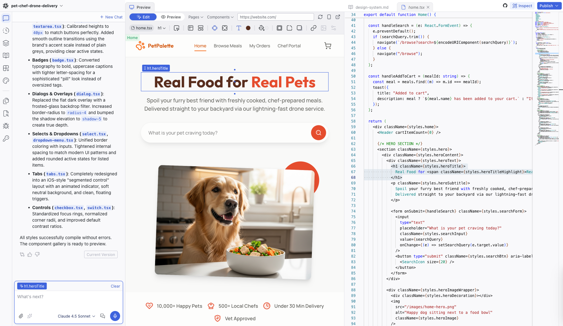 The Editor in split-screen view with the Preview on the left and the code editor on the right