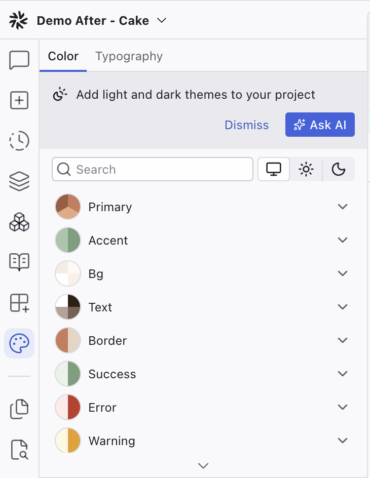 The Theme panel showing the light and dark mode suggestion callout with Dismiss and Ask AI buttons
