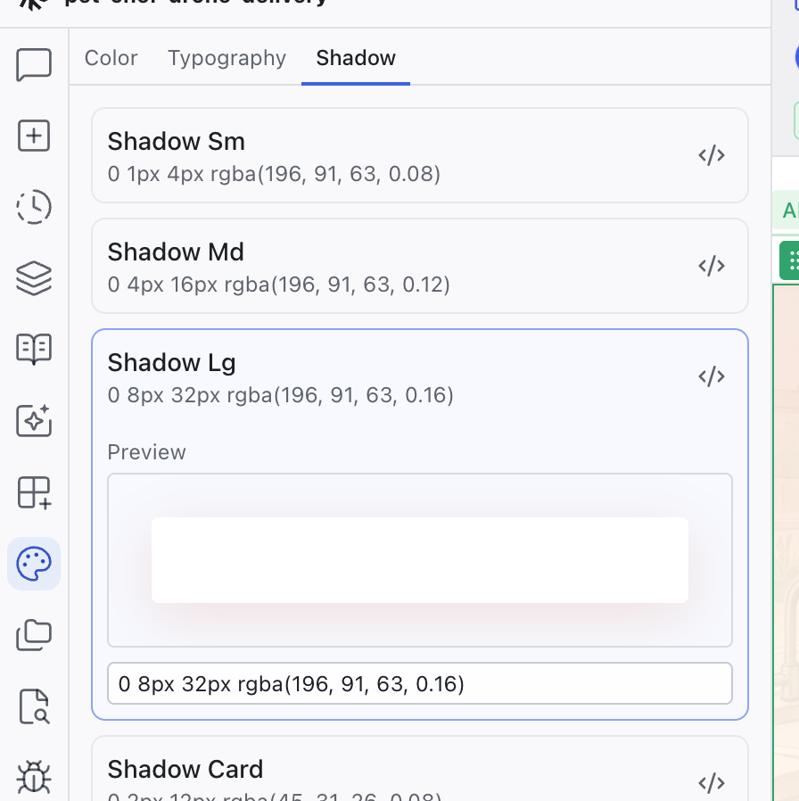 The Theme panel Shadow tab with Shadow Lg expanded between collapsed Shadow Sm and Shadow Md tokens above and a Shadow Card token below, showing a preview card rendered with the shadow and an editable box-shadow value field