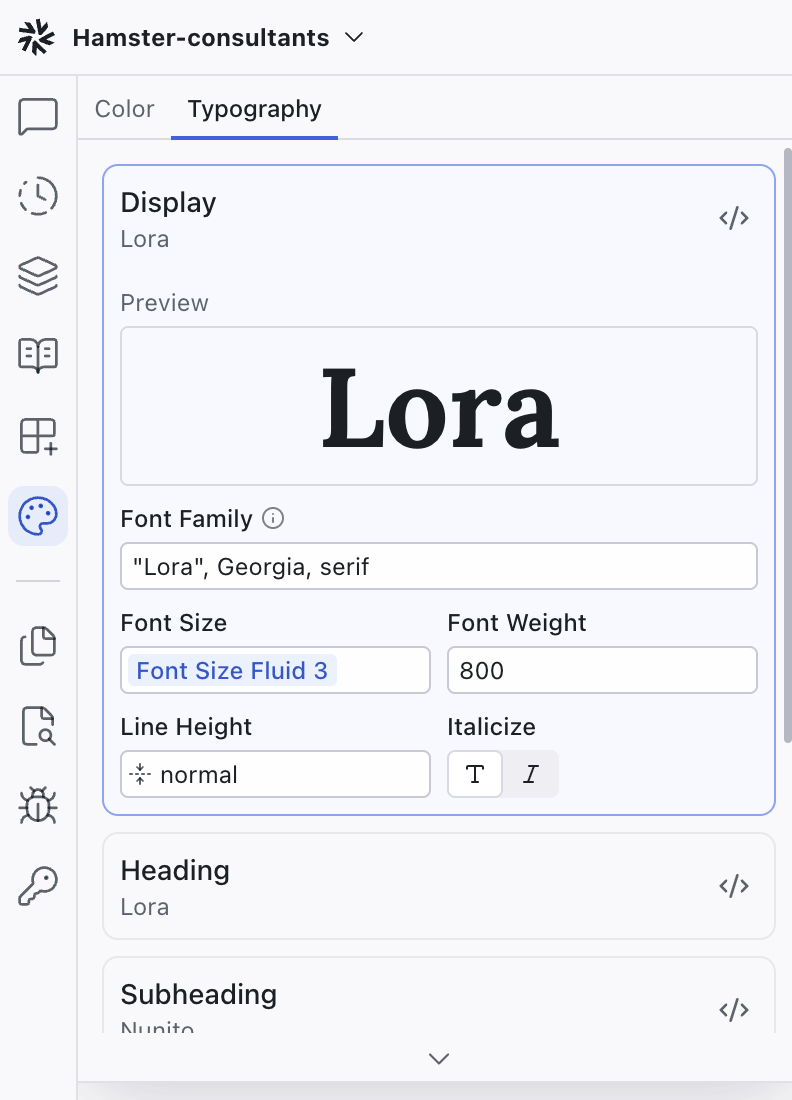 The Theme panel Typography tab with the Display scale expanded, showing visual controllers for font family, size, weight, line height, and italicize