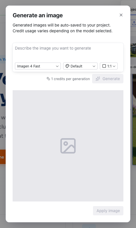 The Generate an image modal with a prompt field, model selector, style and aspect ratio options, and a preview area